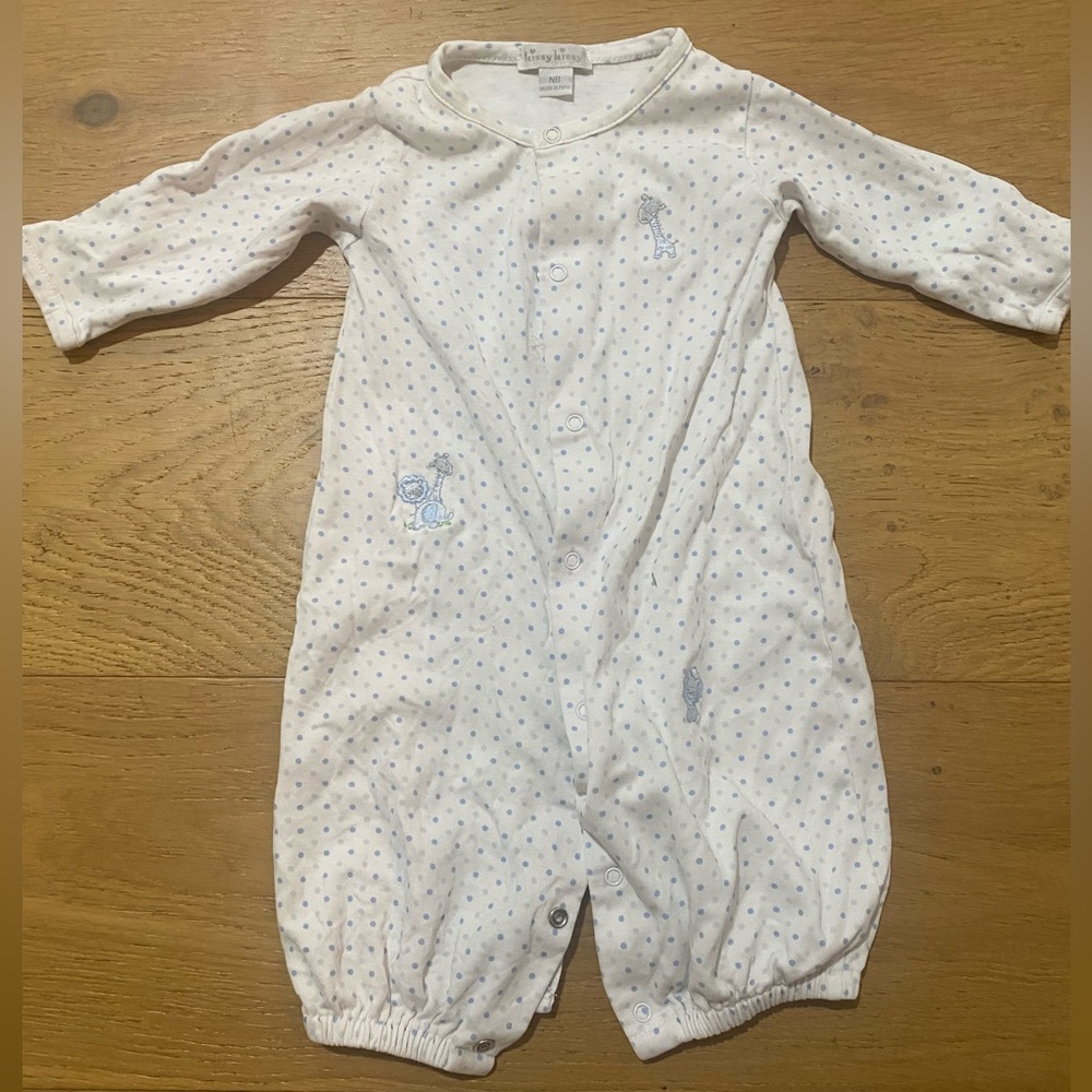 Kissy Kissy White Newborn Romper with Blue Dots and animals VGUC